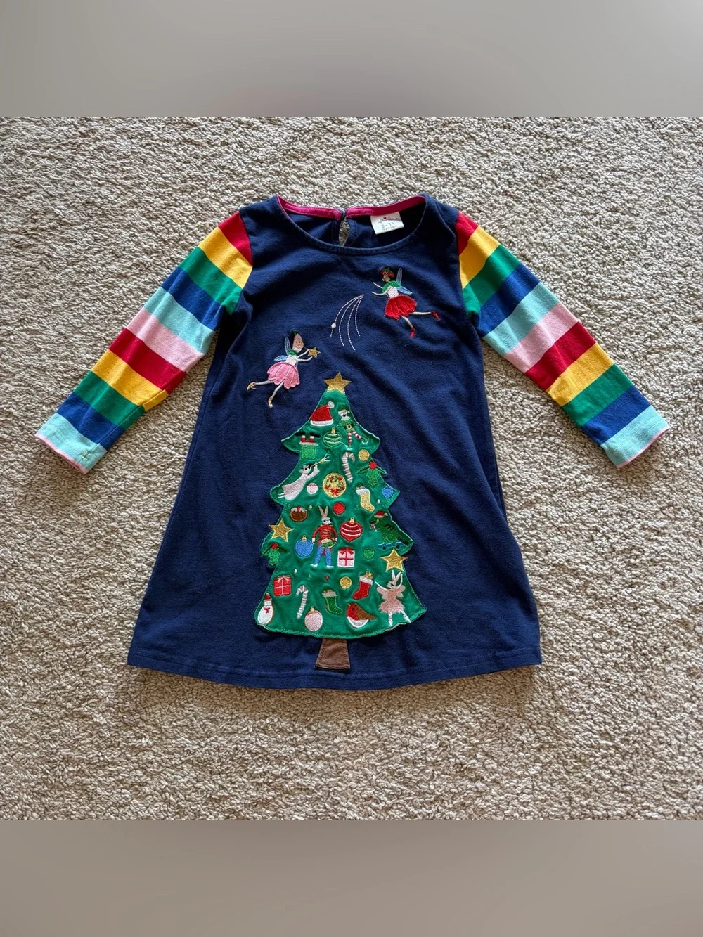 Girls Navy Christmas Tree Dress with Rainbow Striped Sleeves